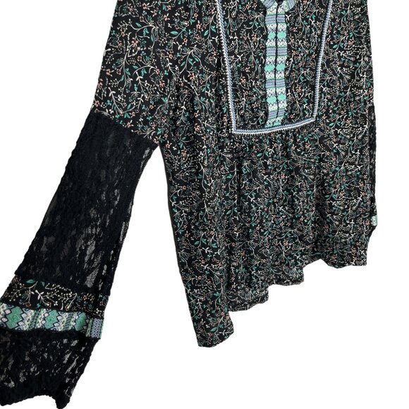 Style & Co Top Blouse XXL Black Blue Floral Embroidered Lace Boho Peasant - Picture 6 of 10
